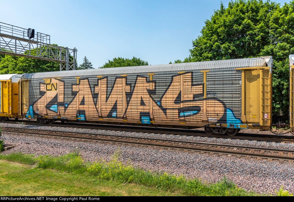 TTGX 971263 CN Bi-Level Autorack Car with graffiti on the UPRR Geneva Sub